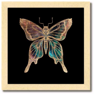 10 inch square Gold Foil Galactic Butterfly Fine Art Print by Aimee Schreiber, galaxy gold leaf ink with natural maple wood frame