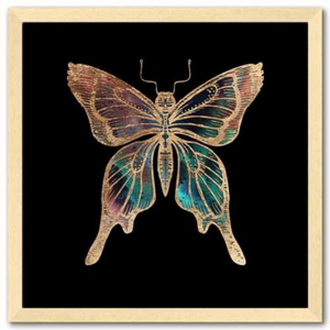 16 inch square Gold Foil Galactic Butterfly Fine Art Print by Aimee Schreiber, galaxy gold leaf ink with natural maple wood frame