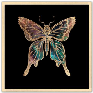 24 inch square Gold Foil Galactic Butterfly Fine Art Print by Aimee Schreiber, galaxy gold leaf ink with natural maple wood frame