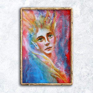 surreal art Creatures, captives, colors mystical face portrait fairie art print in gold frame