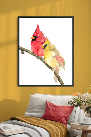 cardinals bird art print framed on yellow wall