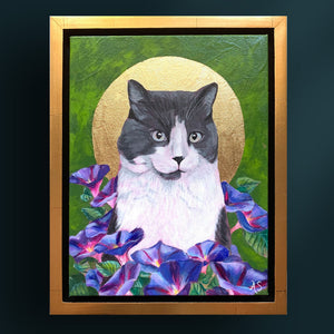 Cat pet portrait painting with green background and morning glory flowers and gold halo