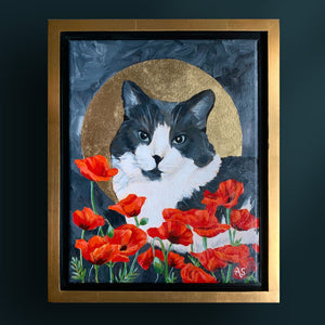 cat pet portrait painting with red poppies and gold leaf halo