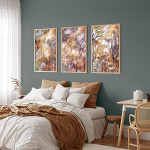 cathedral canopy ii fall forest landscape fine art print in wood frames set of three on bedroom wall