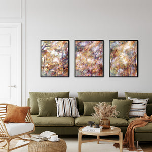 cathedral canopy iii fall forest landscape fine art prints in black frames on living room wall over couch
