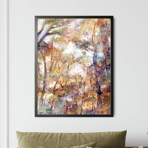 cathedral canopy fall forest abstract landscape art print black frame on wall