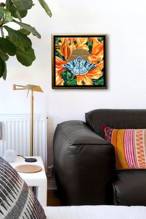 cerulean looper moth orange rhododendron painting framed on wall
