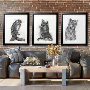 charcoal animal drawings cougar owl fox on brick living room wall
