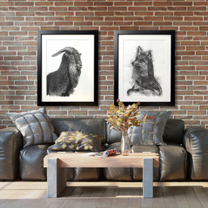 charcoal animal drawings goat fox on brick living room wall