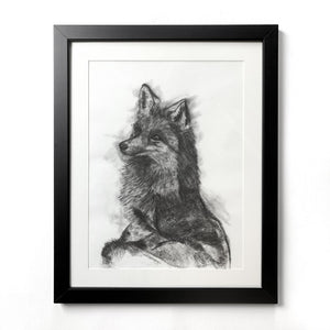 original charcoal drawing fox in black frame