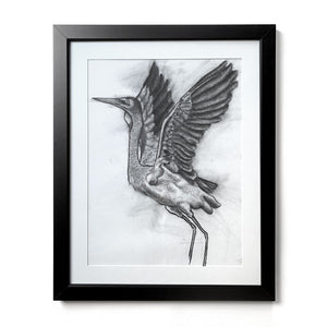 charcoal drawing heron framed original in black frame