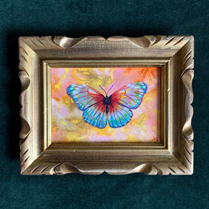 Colorful summer butterfly original painting by Aimee Schreiber in an antique wood frame
