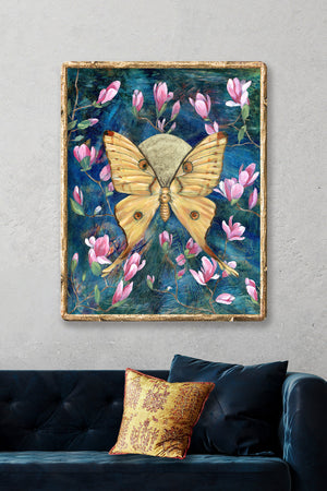 comet moth magnolia art print on wall