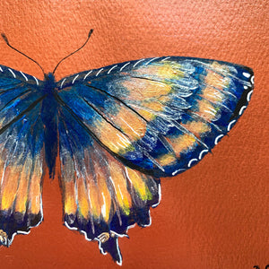 Copper, blue, gold butterfly postcard painting detail by Aimee Schreiber