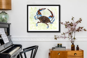 crab art print framed on wall