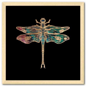 16 inch square Gold Foil Galactic Dragonfly Fine art print by Aimee Schreiber with natural maple wood frame
