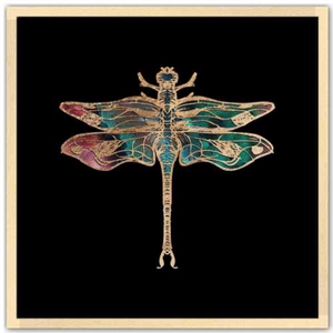 24 inch square Gold Foil Galactic Dragonfly Fine art print by Aimee Schreiber with natural maple wood frame