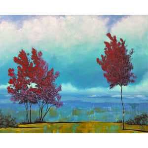 echoes red trees teal clouds landscape art print