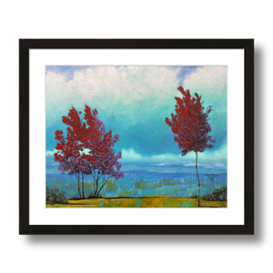 echoes red trees teal clouds landscape art print framed 14x11