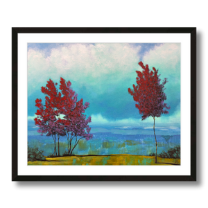 echoes red trees teal clouds landscape art print framed 16x20