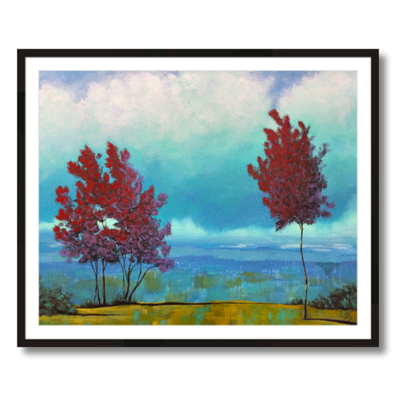 echoes red trees teal clouds landscape art print framed 30x24