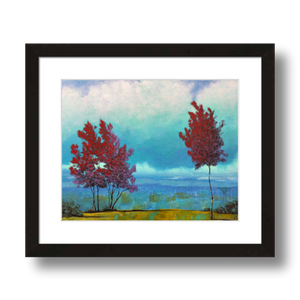 echoes red trees teal clouds landscape art print framed 8x10
