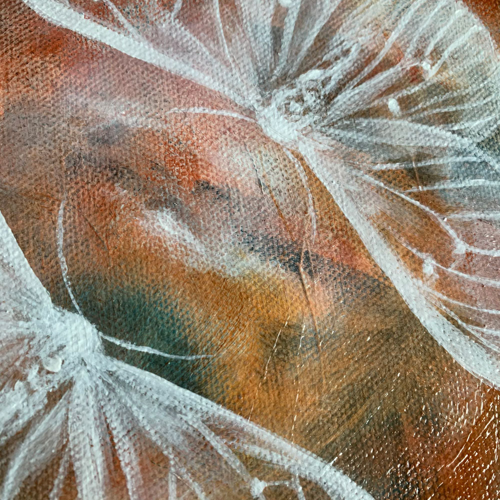 Detail of Ethereal moths colorful original painting by Aimee Schreiber in a gold floater frame