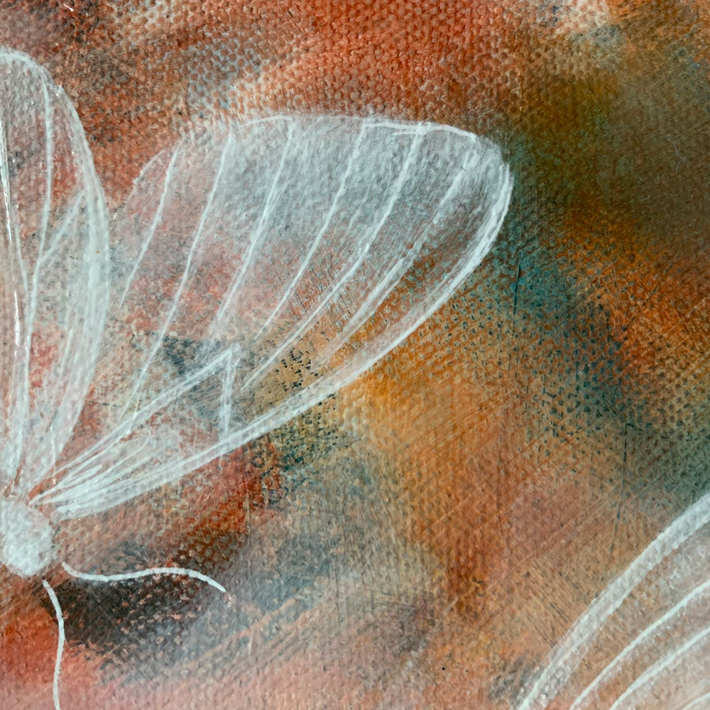 detail of Ethereal moths colorful original painting by Aimee Schreiber in a gold floater frame