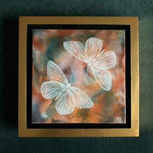 Ethereal moths colorful original painting by Aimee Schreiber in a gold floater frame