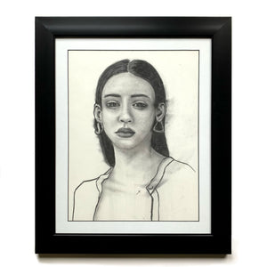 female portrait drawing Isabella charcoal drawing in black frame by Danny Schreiber