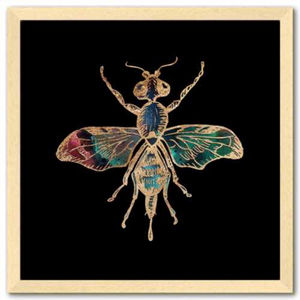 16 inch square Gold Foil Galactic Fruit Fly Fine Art Print by Aimee Schreiber natural maple wood frame