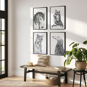 gallery wall animal charcoal drawings art prints