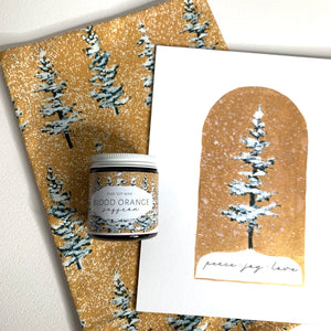 gold winter evergreen trees tea towel candle art print gift set