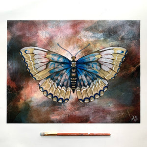gold and blue butterfly embellished art print by aimee schreiber