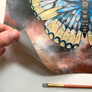 gold and blue butterfly embellished art print canvas detail by aimee schreiber