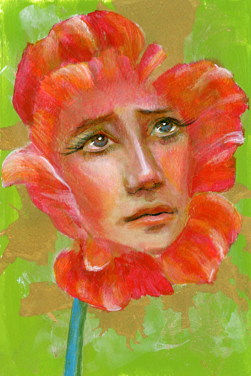 flower face i mystical poppy face green red portrait fine art print 