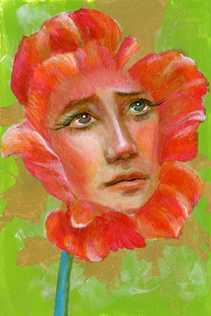 flower face i mystical poppy face green red portrait fine art print 