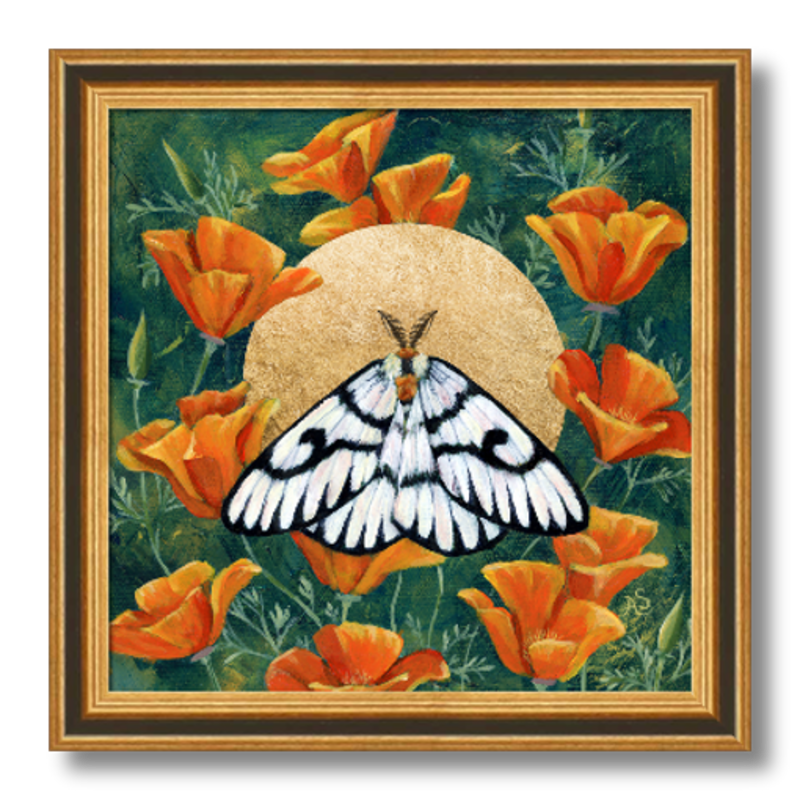hera buckmoth poppies gold moth art print 10 inches