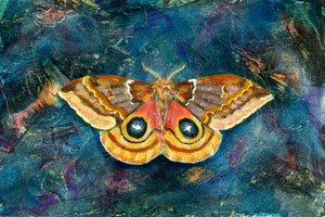 io moth art print teal and yellow
