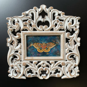 io moth painting in ornate white wood frame