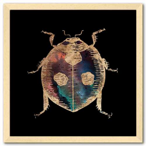 16 inch square gold Foil Galactic Ladybug Art Print by Aimee Schreiber in natural maple wood frame