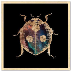 24 inch square gold Foil Galactic Ladybug Art Print by Aimee Schreiber in natural maple wood frame
