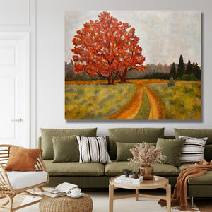 landscape painting red tree larder canvas art over sofa living room art