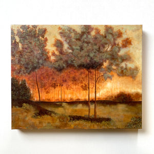 landscape painting of trees with golden sunset