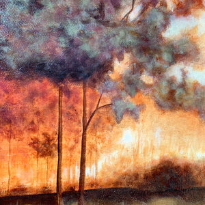 landscape painting trees at sunset detail