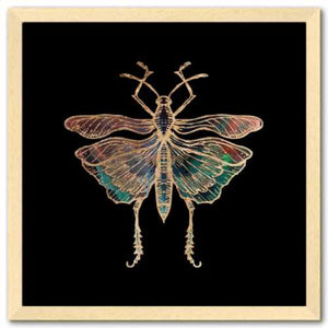 16 inch square gold Foil Galactic Grasshopper Art Print by Aimee Schreiber framed natural maple wood