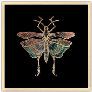 10 inch square gold Foil Galactic Grasshopper Art Print by Aimee Schreiber framed natural maple wood