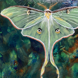 luna moth painting texture gold leaf detail