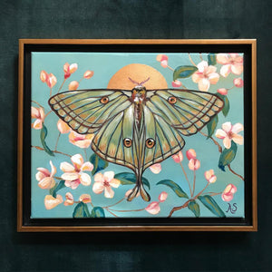 luna moth painting with blossoms in gold frame 