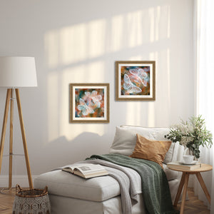 Mirror I two ethereal white moths art print on living room wall Aimee Schreiber
